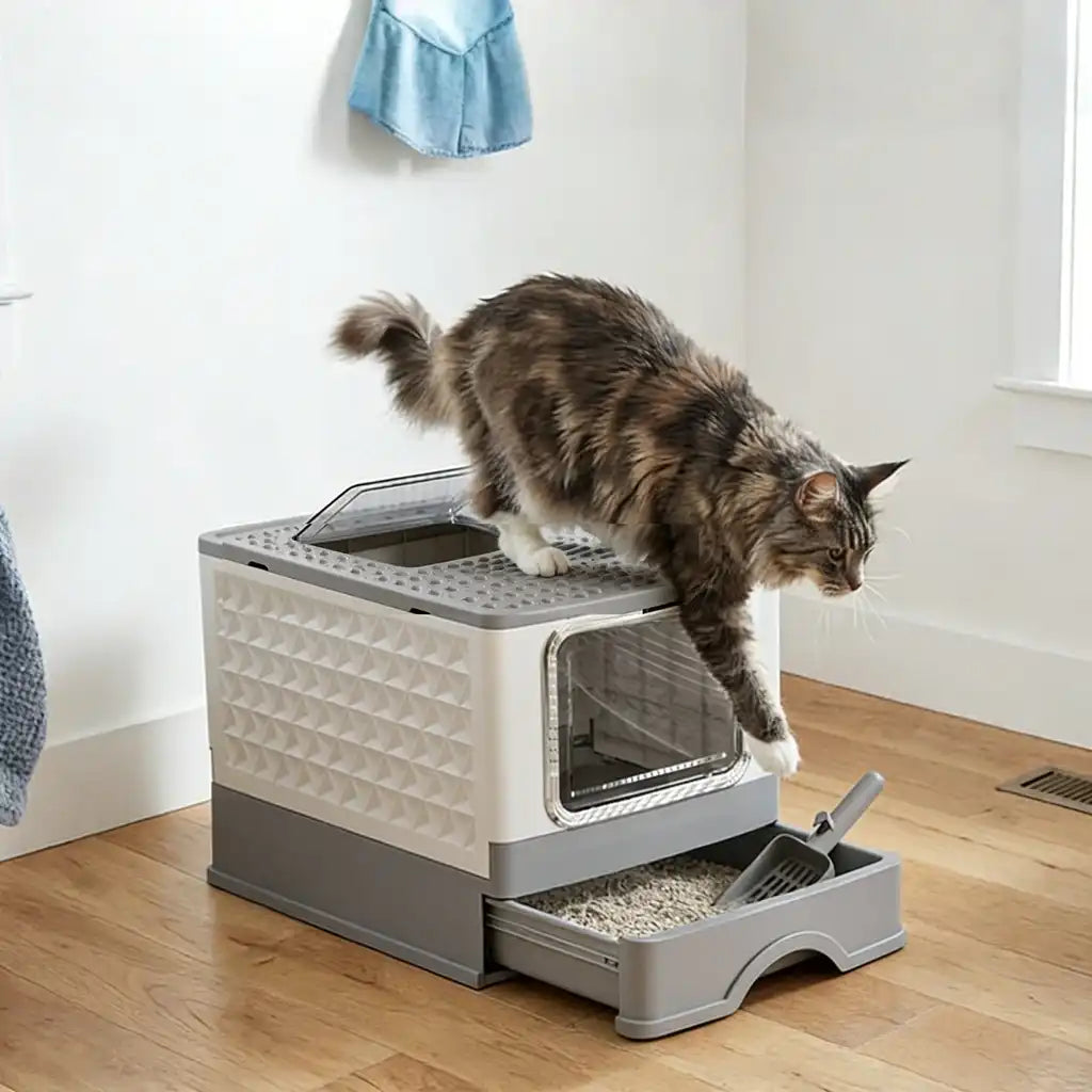Top entry litter box for large cats with pull-out drawer