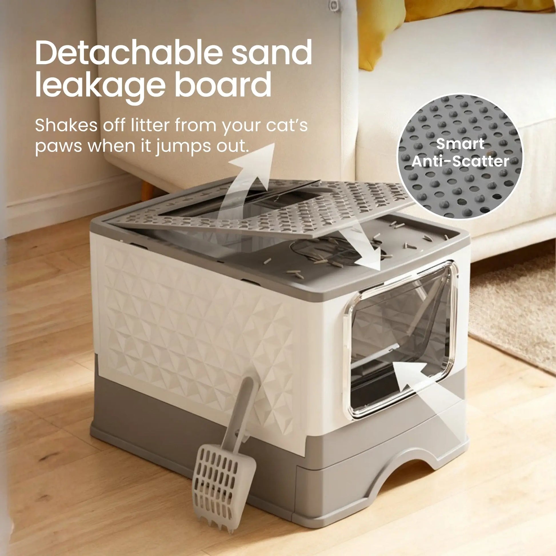 Top entry cat litter box with built-in grate to stop litter tracking