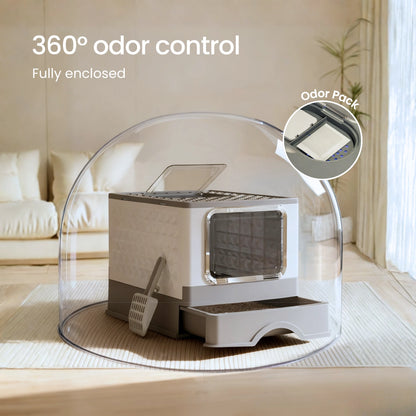 Covered top entry litter box with charcoal filter for odor control