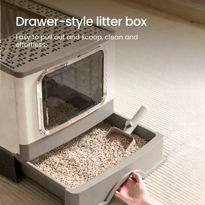 Top entry cat litter box with easy-clean pull-out drawer for large cats