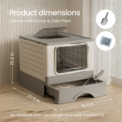 Top entry litter box for large cats with pull-out drawer with dimensions and accessories.