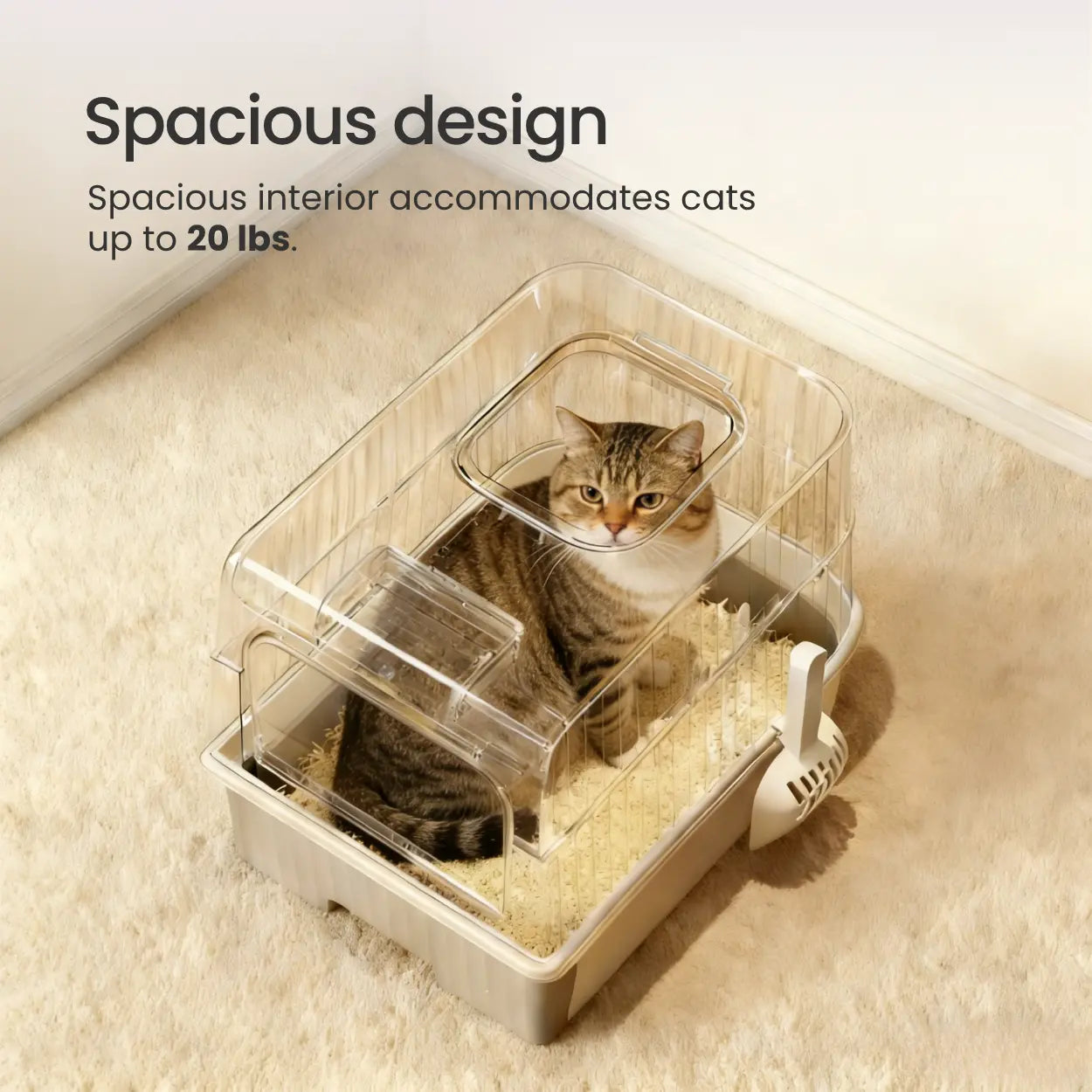 Spacious extra large cat litter box with wide interior for big cats up to 20 lbs and anti-tracking top entry